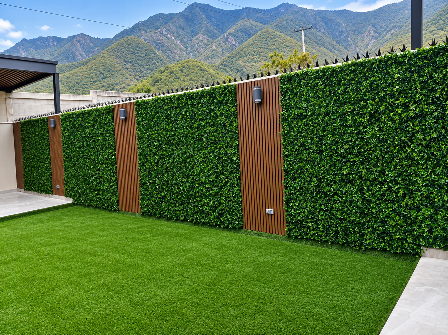 Jardín residencial con pasto sintético y muro verde
